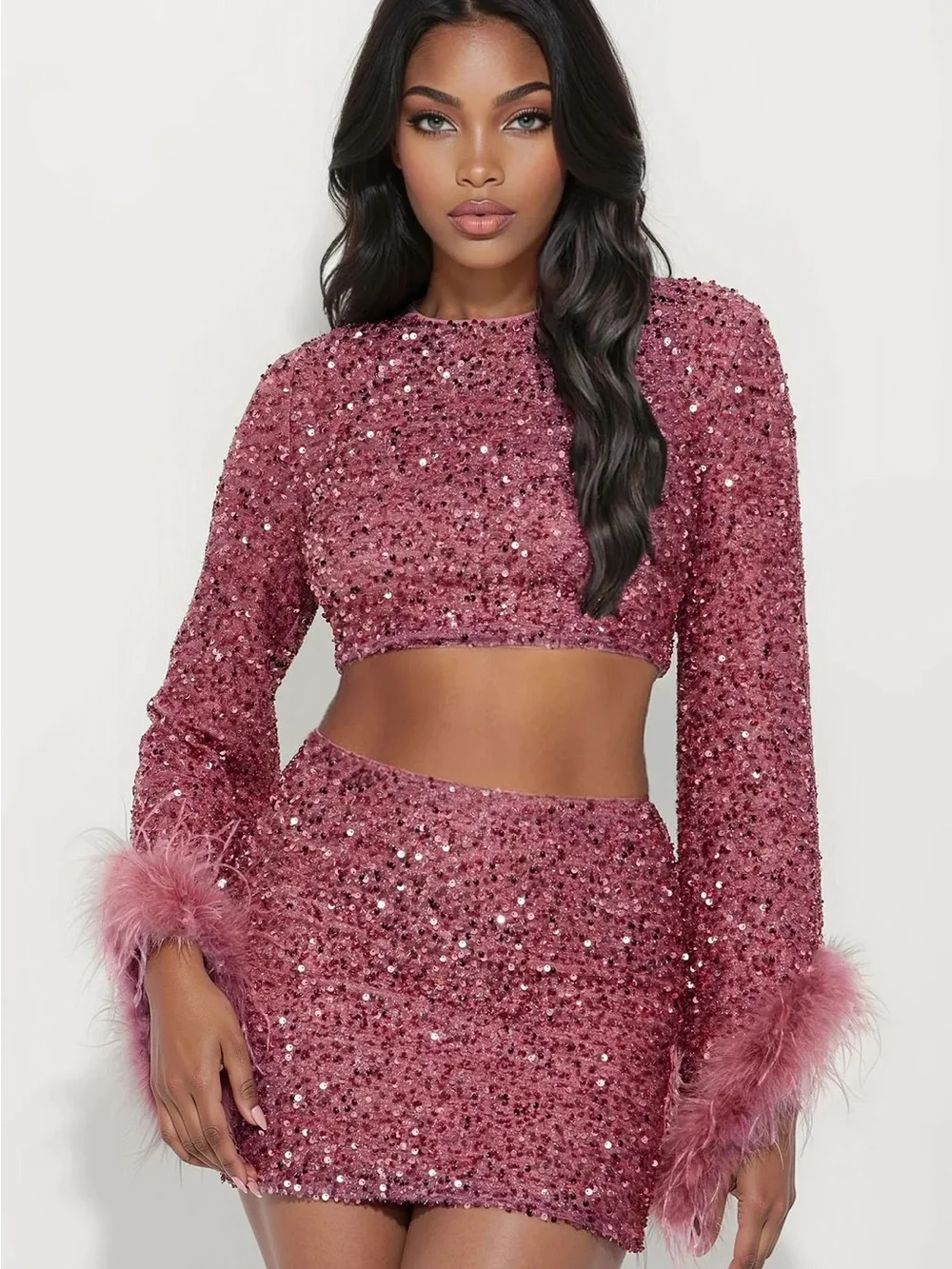 Feather Trim Mauve Sequin Two-Piece Crop Top & Mini Skirt Set